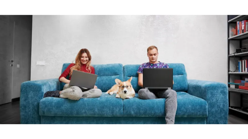 コーギーの飼い方が共働きの夫婦がコーギーを挟んでソファに座ってパソコンを開いている